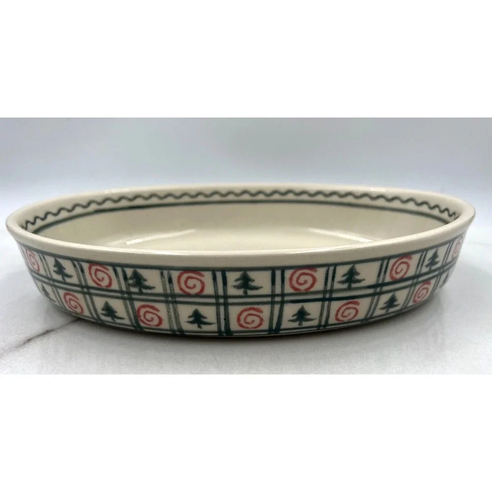 Boleslawiec Polish Pottery Oval Baker Dish Christmas Tree Red Spiral Hand Made